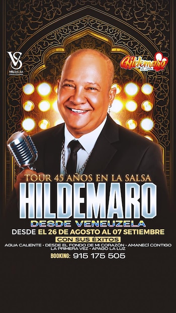 Un hombre sonriente en traje sostiene un micrófono. En el fondo, luces y un patrón dorado. Texto promocional del artista Hildemaro con fechas de gira