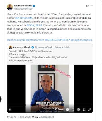 El consultor Laureano Tirado rechazó el nombramiento de Alejandro Ordóñez como embajador ante la OEA - crédito @LaureanoTirado/X