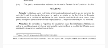 La resolución del organismo regional responde a un conflicto que escaló tras la decisión del gobierno de Daniel Noboa de imponer una tasa de seguridad a los productos colombianos el 21 de enero de 2026, con un arancel del 30% y elevado posteriormente al 100% - crédito Comunidad Andina