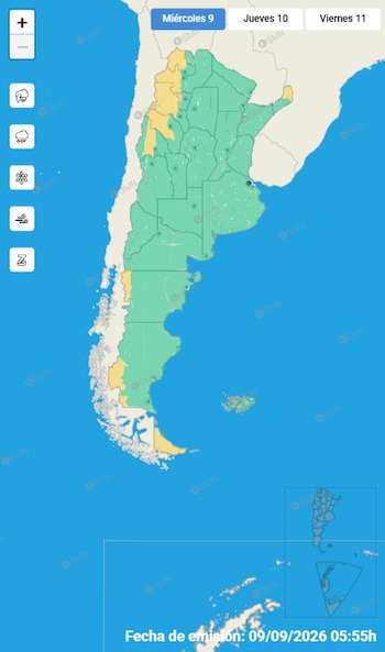 Mapa de Argentina coloreado en verde y amarillo con botones de simbología meteorológica y fecha de emisión en el borde inferior