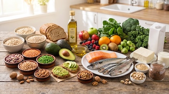Mesa de madera con avena, cereales, pan, legumbres, aguacates, aceite de oliva, frutas, verduras, pescado, tofu, leche de soja, frutos secos y semillas de lino.
