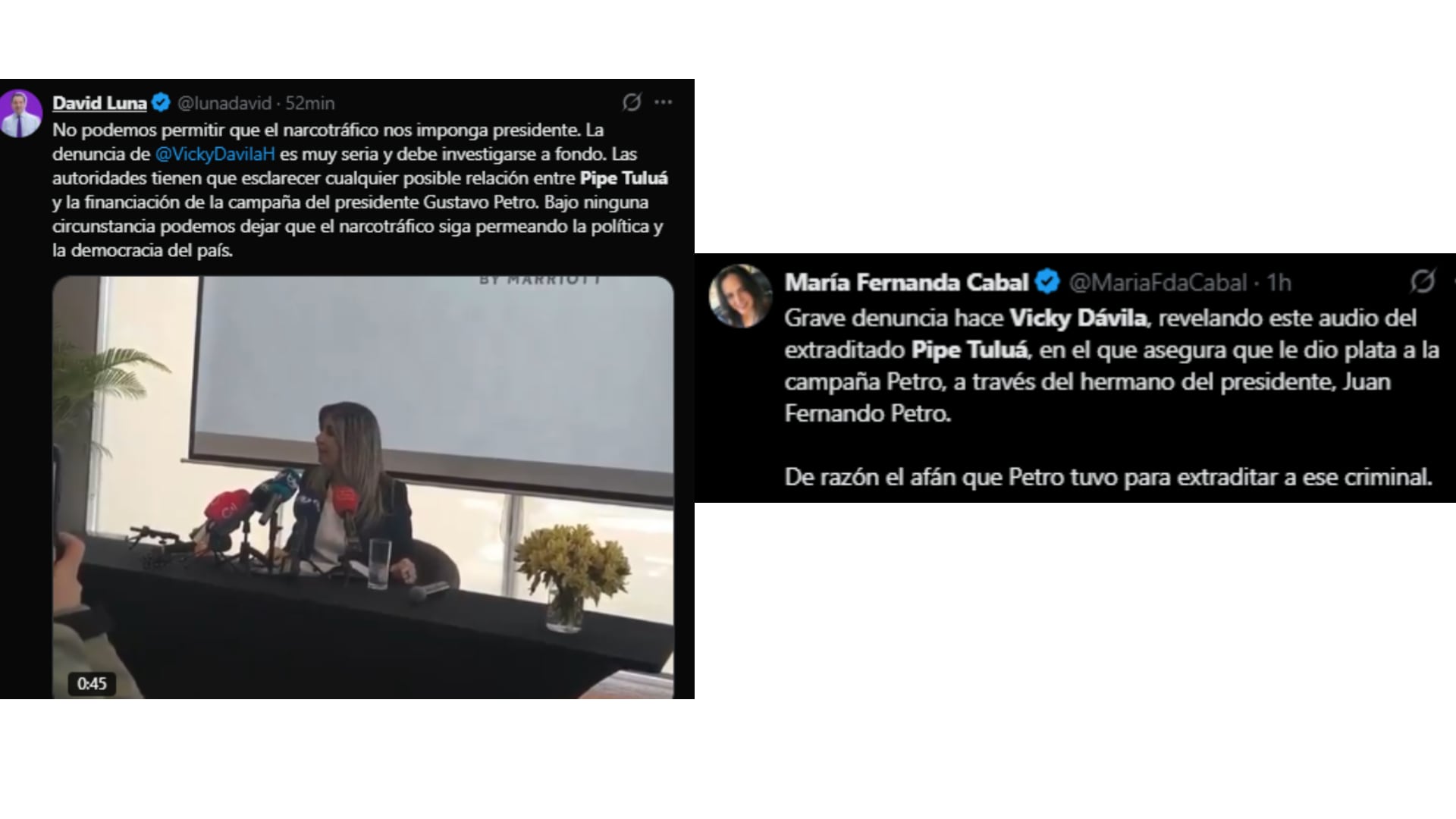 David Luna y María Fernanda Cabal reclaman que la Fiscalía aclare la rapidez de la extradición y las posibles motivaciones políticas tras la denuncia - crédito Fotomontaje Infobae (@DanidLuna-@MariaFdaCabal/X)
