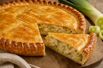 Tarta dorada con una porción cortada que expone el relleno de pollo y puerro sobre una tabla redonda de madera.