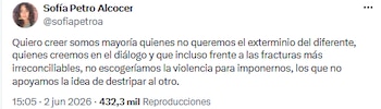 Sofía Petro y María Fernanda Cabal abren debate sobre violencia y pasado político en X - crédito @sofiapetroa/X
