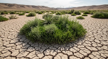 Primer plano de tierra agrietada por sequía con grupos de vegetación verde, incluyendo una planta similar a un agave. Fondo con colinas y cielo claro.