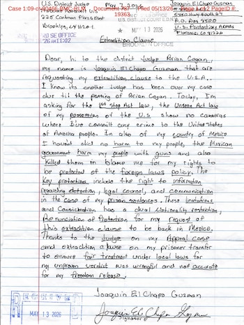 Carta de El Chapo revelada el 13 de mayo de 2026. Crédito: x - @arturoangel20