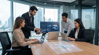 Cuatro empresarios en una reunión. Un hombre señala pantalla con gráficos de IA. Otros usan laptops y una interfaz holográfica en mesa. Fondo: ciudad.