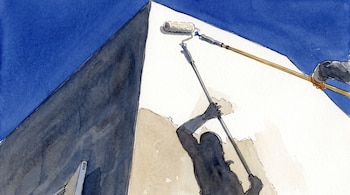Ilustración en acuarela de dos siluetas que pintan de blanco una pared alta con rodillos de extensión frente a un cielo azul.