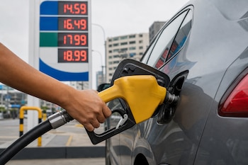 Una mano sostiene una manguera amarilla de combustible para llenar el tanque de un auto gris junto a un panel con precios.