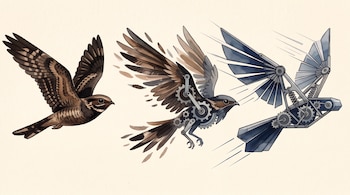 Tres aves en vuelo sobre fondo beige: una con plumaje natural, otra con plumas y engranajes mecánicos, y una tercera totalmente metálica.