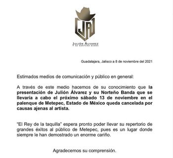 Julión Álvarez suspende su presentación