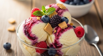 Primer plano de un tazón de vidrio con helado de cheesecake, salsa de frutos rojos, frambuesas, arándanos, moras, galletas y menta sobre madera.