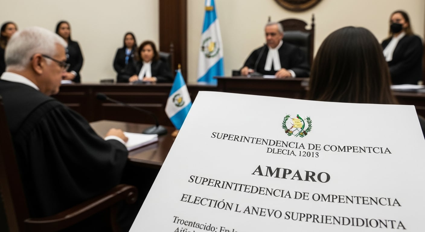 En Guatemala, un amparo judicial relacionado con la Superintendencia de Competencia busca obligar la elección de un nuevo superintendente, como se ve en el documento en primer plano durante una audiencia legal. (Imagen Ilustrativa Infobae)