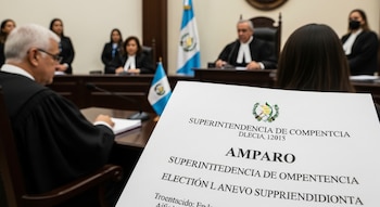 Primer plano de un documento judicial con el título 'AMPARO', con personas en togas y banderas de Guatemala en un entorno de tribunal.
