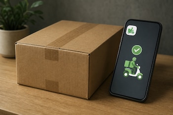Una caja de cartón marrón cerrada y un teléfono móvil con el icono de un repartidor en pantalla sobre una mesa de madera.