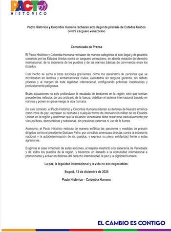 Las colectividades pidieron respeto por la soberanía venezolana y alertaron sobre posibles riesgos de escalada militar en la región - crédito @PactoCol/X