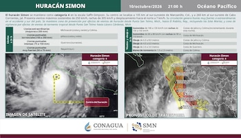 Infografía con mapa satelital y pronóstico de trayectoria del huracán Simon con logotipos de CONAGUA y el Servicio Meteorológico Nacional