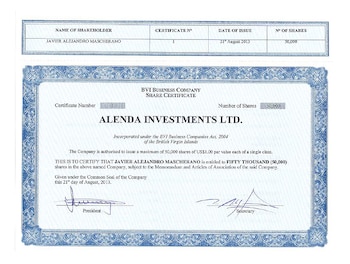 El certificado de Alenda Investments