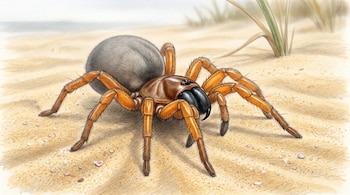 Ilustración de una araña de patas anaranjadas, abdomen gris y quelíceros negros sobre una superficie de arena con hierba al fondo.