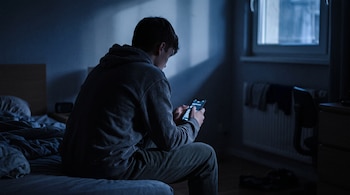 Un joven de espaldas sentado en el borde de una cama en una habitación oscura sostiene un teléfono móvil encendido.