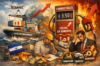 Ilustración conceptual mostrando fletes internacionales y precios de combustibles en aumento. Se ven dos hombres estresados, dinero en llamas, camiones, un buque, un avión y la bandera de El Salvador.
