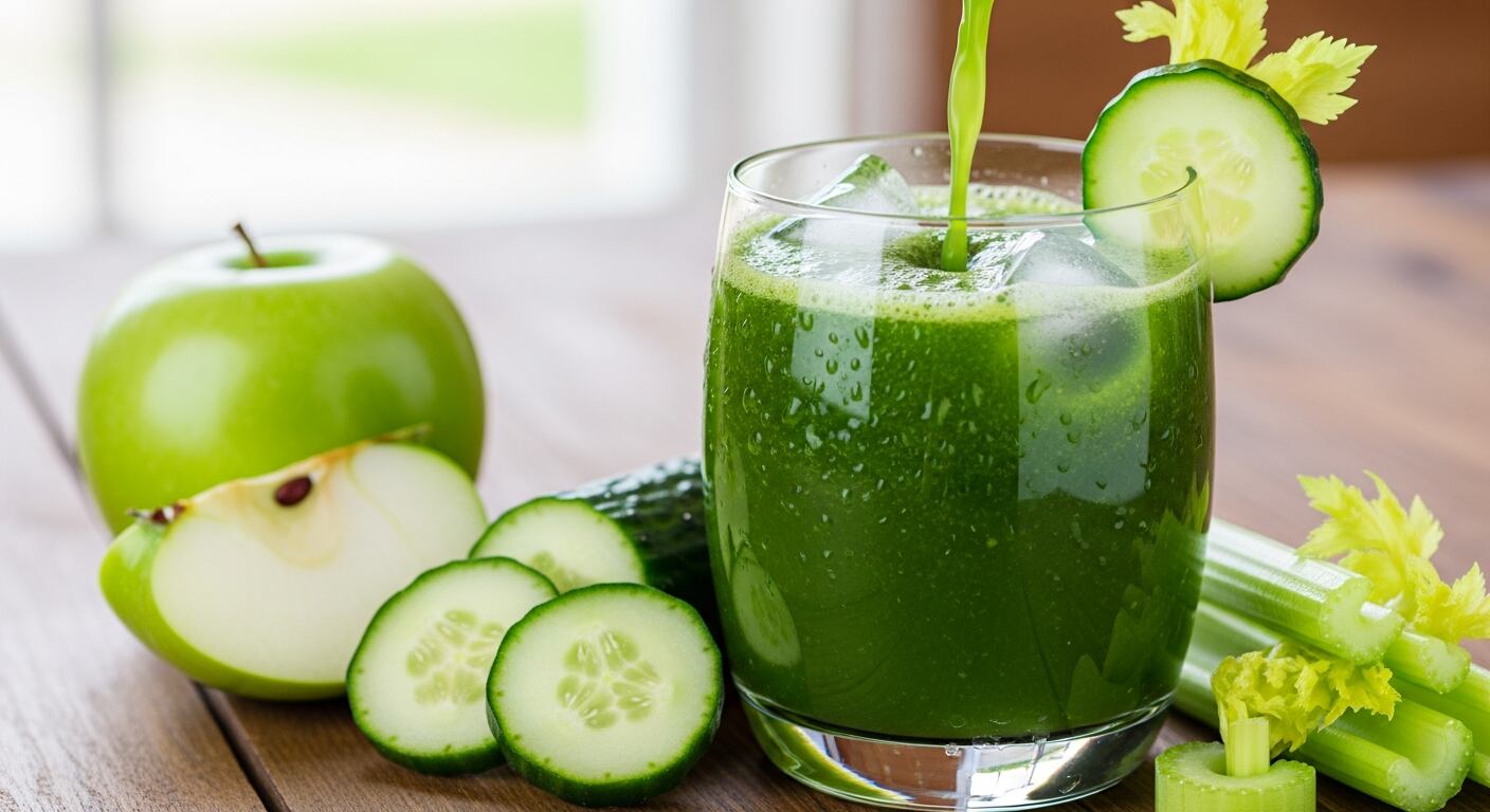 El jugo verde a base de manzana, pepino y apio incorpora variedad de vegetales, además combina el aporte de frutas frescas con verduras, lo que incrementa el contenido de fibra y minerales (Imagen Ilustrativa Infobae)