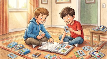 Dos niños sentados en una alfombra abren figuritas y llenan un álbum Panini del Mundial 2026. Se ven paquetes sin abrir, figuritas de Messi y jugadores argentinos.