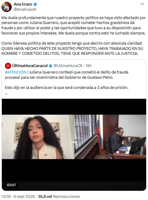 Ana Erazo cuestionó el uso de vínculos políticos para favorecer intereses particulares - crédito @AnaErazoR/X
