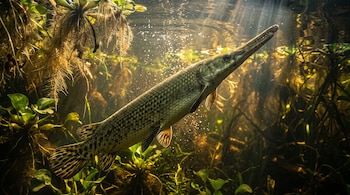 Un pejelagarto de piel verde oliva y manchas oscuras nadando en agua dulce con plantas acuáticas y rayos de luz.