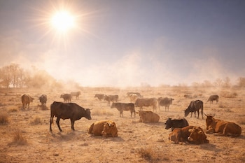 Un rebaño de ganado de diferentes colores, incluyendo marrones y negros, se encuentra en un campo seco y polvoriento bajo un sol radiante.