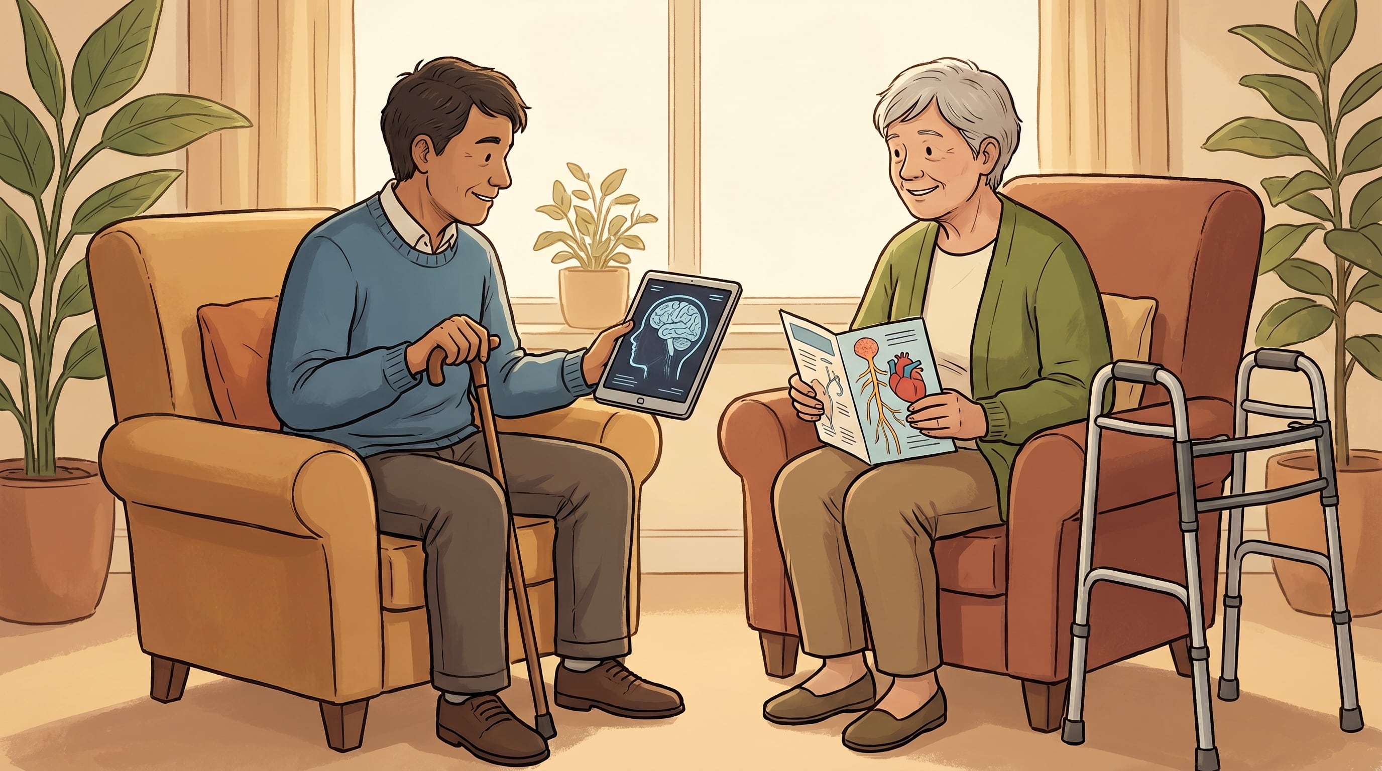 Una ilustración muestra a una persona con esclerosis múltiple, sosteniendo una tableta con una imagen cerebral, y a otra con la enfermedad de Andrade, leyendo una revista con diagramas de corazón y sistema nervioso, ambos sentados cómodamente en una sala. (Imagen Ilustrativa Infobae)