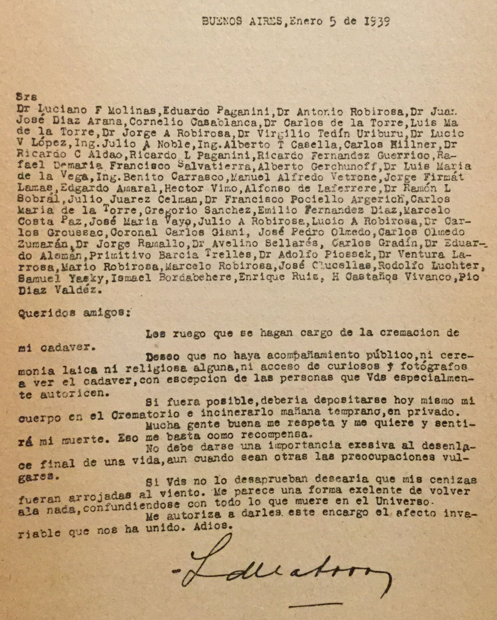 La carta que le dejó a sus amigos, con sus instrucciones sobre lo que debían hacer a su muerte