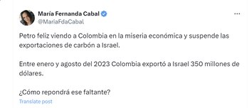 María Fernanda Cabal arremetió contra Gustavo Petro por decisión de suspender exportaciones de carbón a Israel - crédito @MariaFdaCabal/X