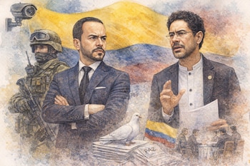 Acuarela de Abelardo de la Espriella e Iván Cepeda, con bandera colombiana de fondo. Abelardo con soldado, Cepeda con paloma y documentos de paz.