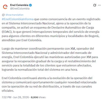Enel Colombia y XM coordinaron maniobras que permitieron restablecer el suministro de energía en menos de dos horas tras el incidente en la subestación Antioquia - crédito @EnelColombia / X