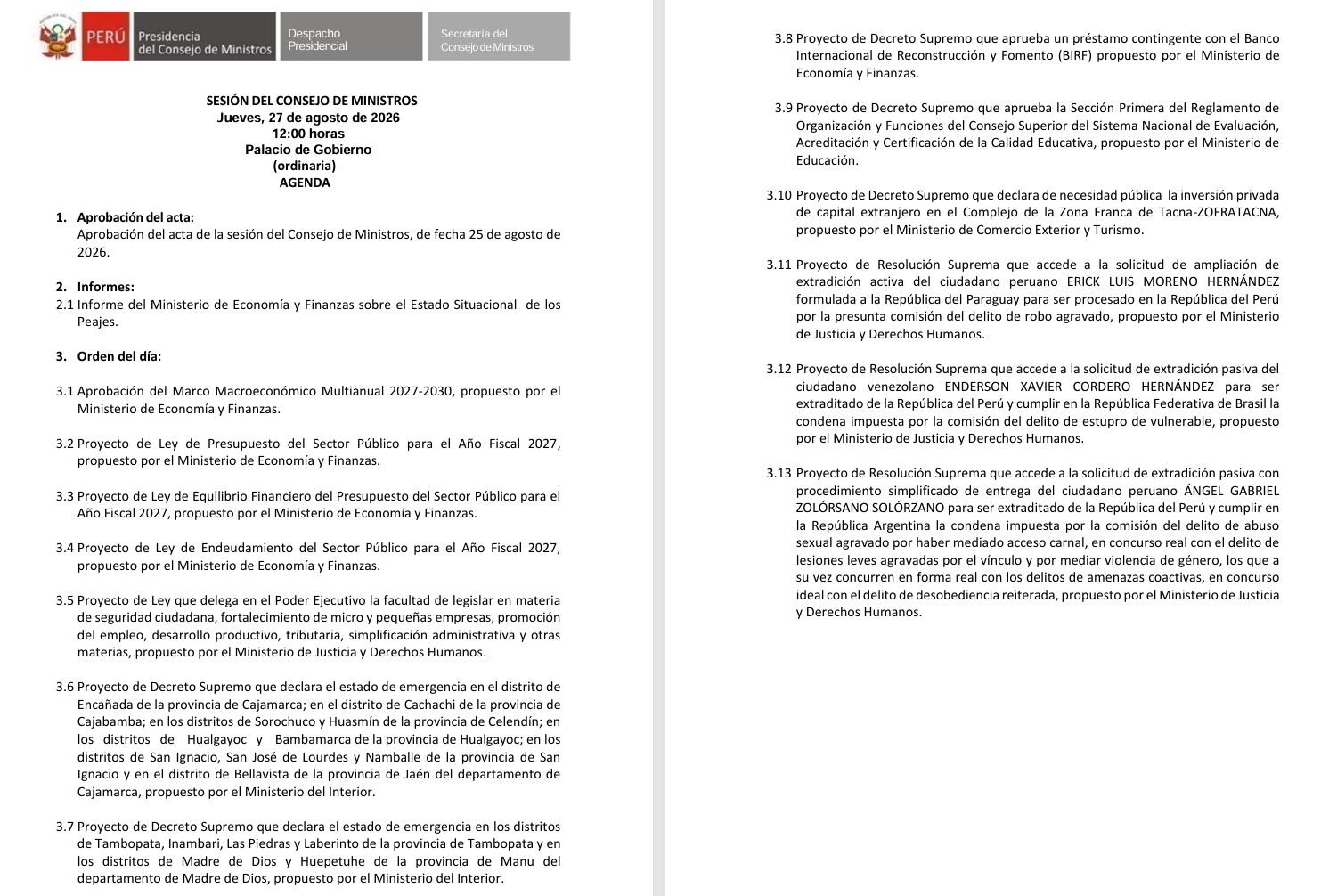 La Presidencia del Consejo de Ministros de Perú detalla en una agenda oficial los temas a tratar en la sesión ordinaria del 27 de agosto de 2026 en el Palacio de Gobierno.