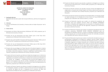 Documento oficial con el logotipo de Perú que contiene la agenda de la sesión ordinaria del Consejo de Ministros ordenada por puntos temáticos