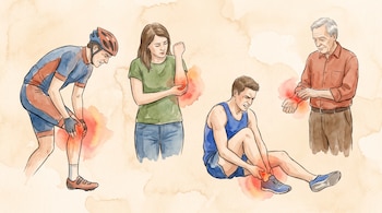 Ilustración de cuatro personas sujetándose la rodilla, el codo, el tobillo y la muñeca, con manchas rojas sobre las articulaciones.