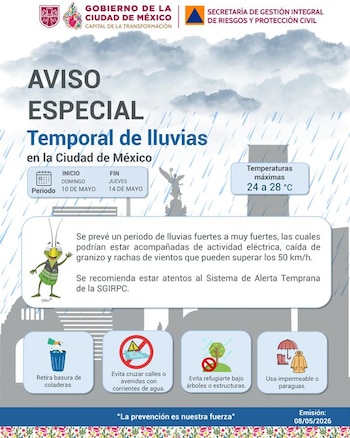 Un volante del Gobierno de la Ciudad de México y Protección Civil con un aviso especial por temporal de lluvias, indicando fechas, temperaturas y precauciones