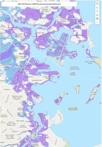 Mapa de Boston, donde el color púrpura indica inundaciones bajo aumentos intermedios del nivel del mar y el azul claro bajo aumentos extremos (Crédito: Cuerpo de Ingenieros del Ejército de los Estados Unidos)