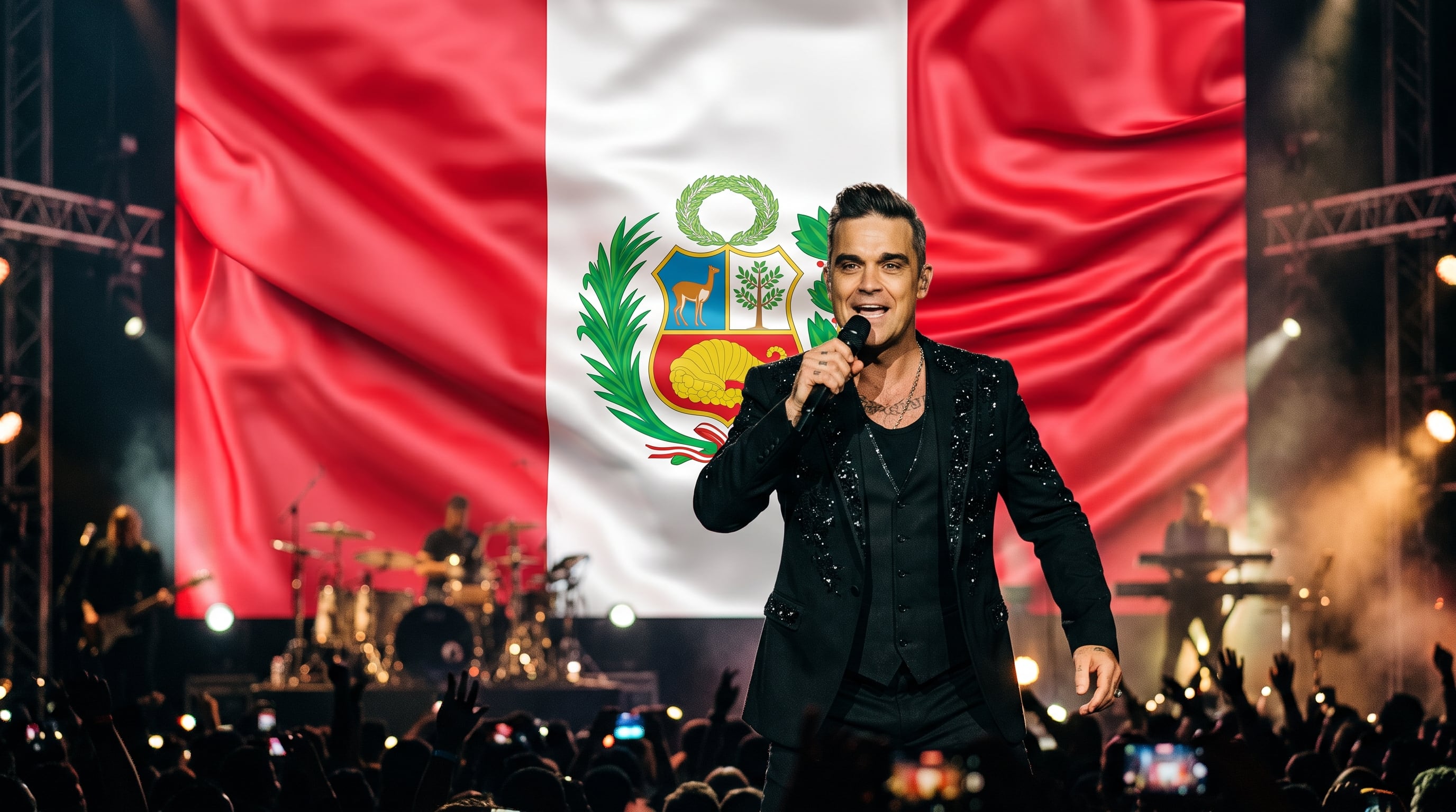 El cantante británico Robbie Williams canta en un escenario frente a la bandera de Perú durante su presentación ante el público. (Imagen Ilustrativa Infobae)