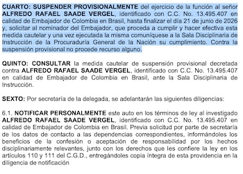 La Procuraduría General de la Nación suspendió en forma provisional al embajador de Colombia en Brasil, Alfredo Saade, tras concluir que habría usado su cargo para intervenir en la contienda electoral al difundir mensajes desde su cuenta oficial de la red social X - crédito @ricarospina/X