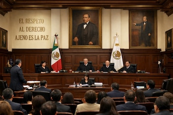 Sala de tribunal de México con jueces en el estrado, un orador, y una secretaria. Paredes de madera, banderas mexicanas y retratos históricos adornan la sala.