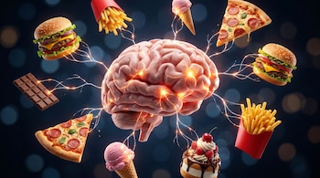 Imagen hiperrealista de un cerebro humano flotando, rodeado de hamburguesas, pizza, papas fritas, chocolate, helado y postres, todos conectados por filamentos luminosos.