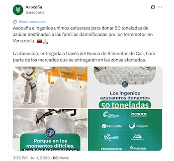 Esta es la ayuda enviada por ingenios azucareros a Venezuela - crédito Asocaña