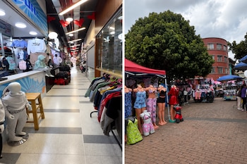 Un pasillo interior con ropa en percheros y maniquíes a la izquierda, y un puesto callejero con prendas exhibidas al aire libre a la derecha.