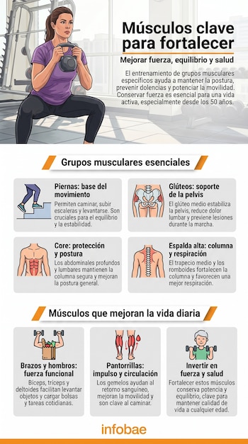Infografía: mujer en sentadilla con pesa rusa. Diagramas de piernas, glúteos, core, espalda, brazos, pantorrillas. Texto explicativo. Logo Infobae.