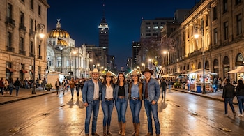 Cinco jóvenes sonrientes con sombreros vaqueros y ropa denim posan en una calle iluminada de Ciudad de México, con el Palacio de Bellas Artes y la Torre Latinoamericana al fondo.