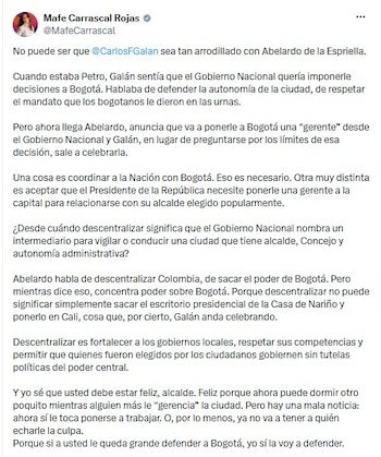 María Fernanda Carrascal contra el alcalde de Bogotá, Carlos Fernando Galán - crédito @MafeCarrascal/X