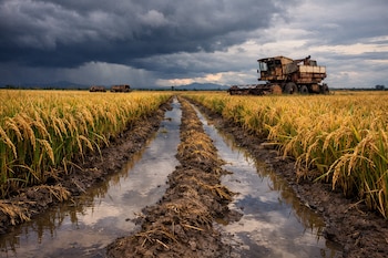 Campo de arroz venezolano con plantas doradas y verdes en surcos inundados bajo un cielo nublado y oscuro. Maquinaria agrícola oxidada se observa al fondo.